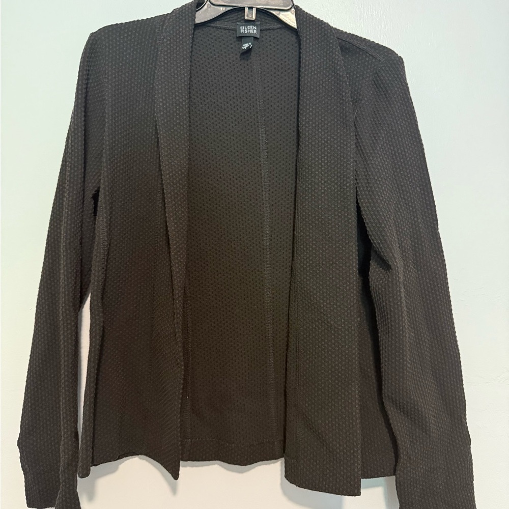 Eileen Fisher Black Waffle Knit Open Front Cardigan Size Small Long Sleeve